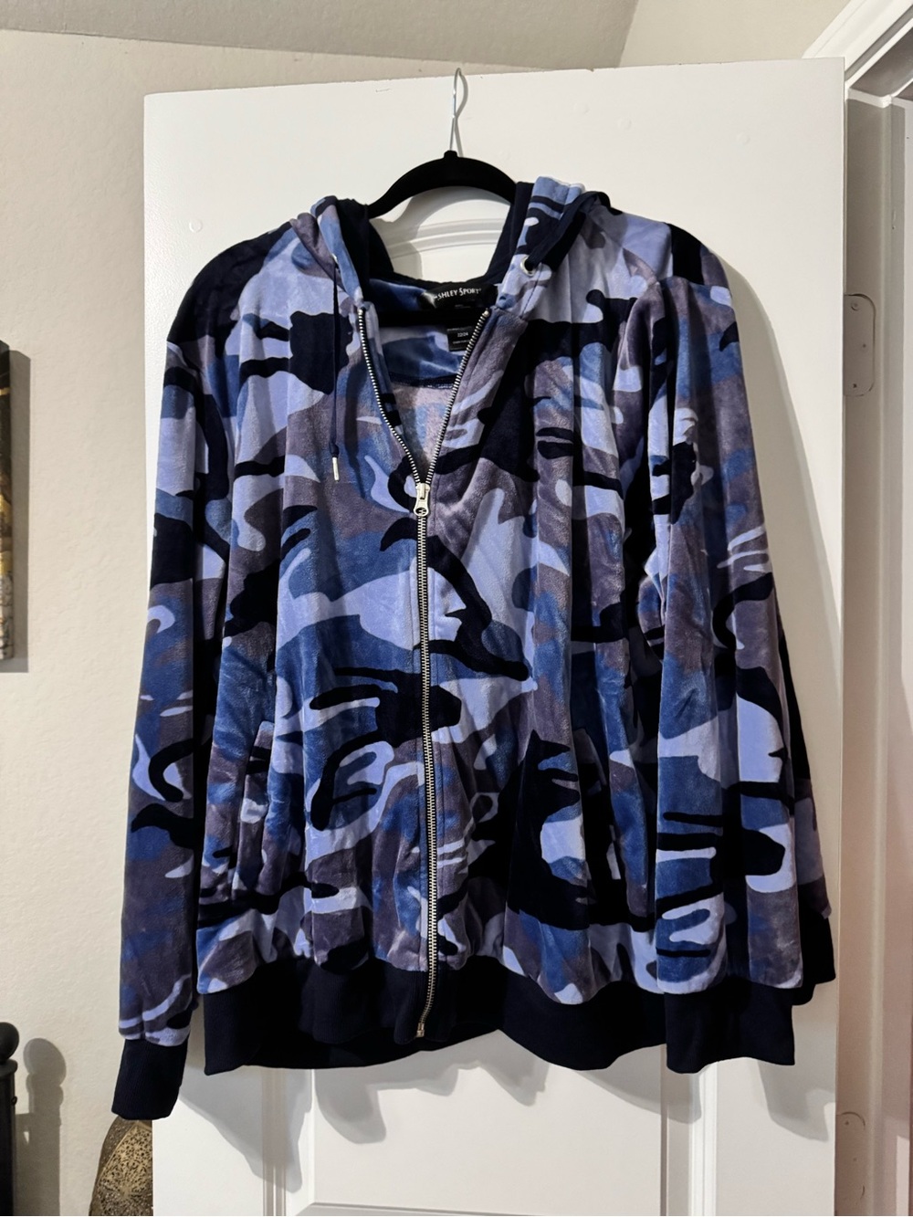 Ashley Stewart Blue Camouflage Velour Zip Hoodie